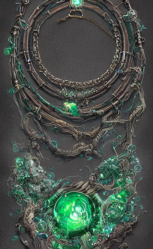 Prompt: a close view of a necklace with a small forest green crystal pulsing light, cloth accessories, front game card, drark, marvel comics, dark, intricate, highly detailed, smooth, artstation, digital illustration by ruan jia and mandy jurgens and artgerm and wayne barlowe and greg rutkowski and zdislav beksinski