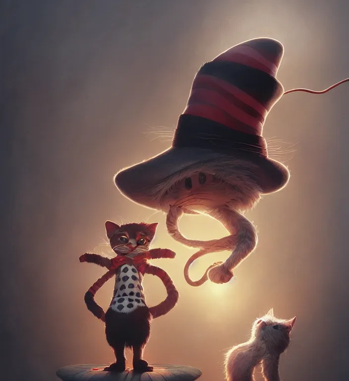 Image similar to complex 3 d render, hyper detailed, ultra sharp, of the cat in the hat, scary, cinematic, natural soft light, rim light, art by greg rutkowski and artgerm and moebius, dr seuss