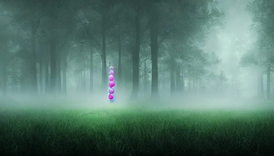 Image similar to A unicorn made out of balloons floats lonely through a dark foggy Forest, Digital Art, Photorealism, Hyper Realistic, Hyperdetailed, Movie Screenshot, iMAX Quality