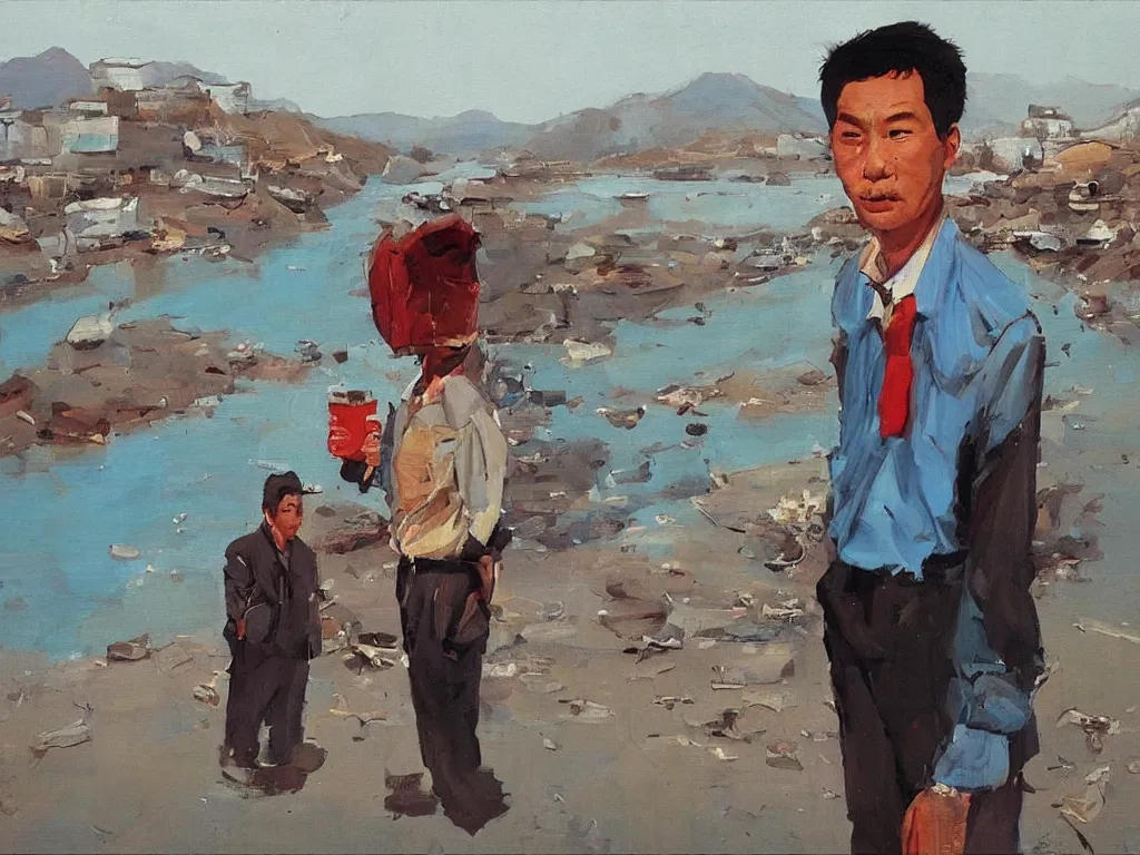Prompt: ‘The Center of the World’ (Liu Xiaodong Neo-Realist oil painting, large thick messy colorful brushstrokes, office worker with a brown and red face next to a blue river and mountains) was filmed in Beijing in April 2013 depicting a white collar office worker. A man in his early thirties – the first single-child-generation in China. Representing a new image of an idealized urban successful booming China.