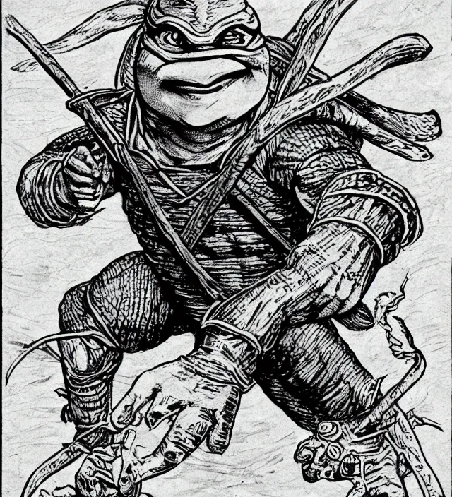 Image similar to Raphael the Ninja Turtle from the Dungeons and Dragons Monster Manual, line art illustration, 1981, high detail