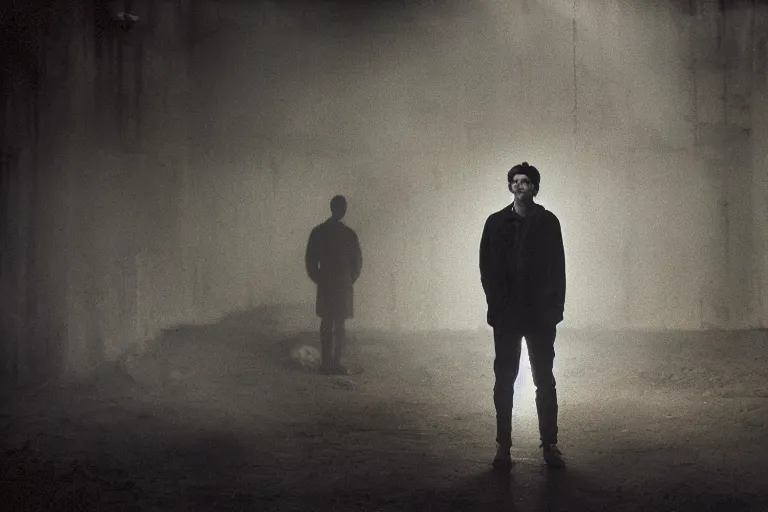 Prompt: a cinematic!! headshot photograph!! of a male, stood in a factory, dirt, film still, cinematic lighting, by bill henson, jeremy mann