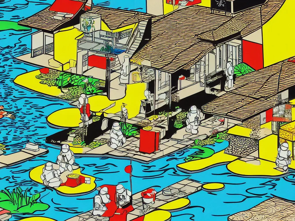 Image similar to close - up image of a japanese house with a pond, stormtroopers sitting around it, in style of pop - art, andy warhol, roy lichtenstein, jackie tsai, bright palette, acrylic on canvas