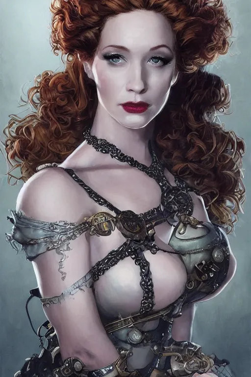 Image similar to three-quarters pose portrait of Christina Hendricks as a sensual Lady Mechanika, very beautiful young woman, ginger wavy hair, Victorian-era push-up underwire. Intricate, concept art, steampunk imagery themed, D&D!, fantasy style, sharp focus!, ultra detailed, art by Artgerm and Peter Andrew Jones, WLUP, Magali Villeneuve