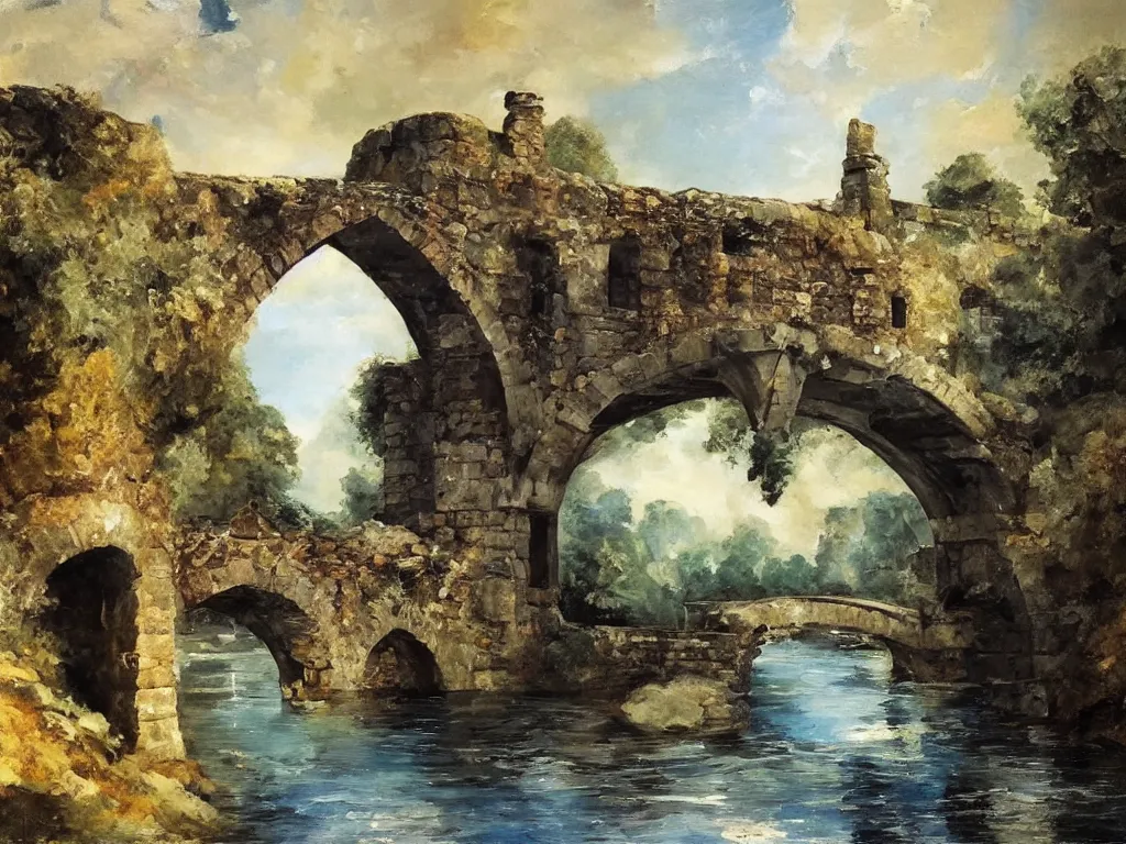Prompt: modern stylized oil painting of medieval stone bridge, very very very beautiful, funny structure, romanticism by goya, bright art, cinematic dramatic lighting, plants and water