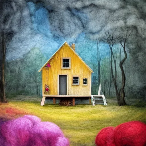 Image similar to small wooden house in the middle of spring forest, bright colours, watercolor, volumetric wool felting, macro photography, children illustration, by lee madgwick