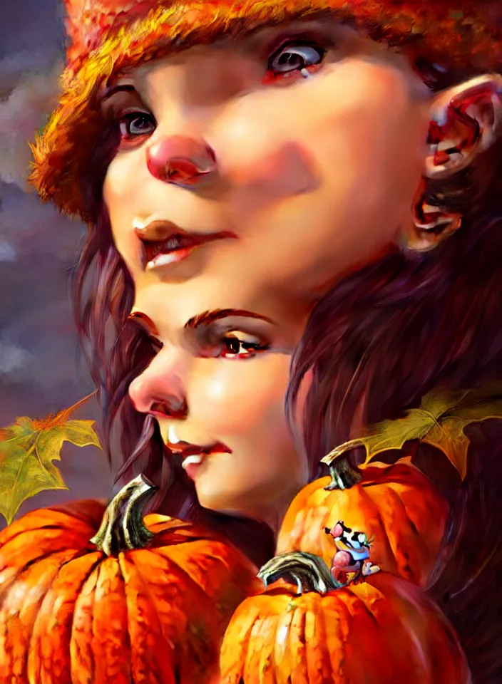 Image similar to hand drawn cute one gnomes face in autumn and pumpkin, detailed closeup face, concept art, low angle, high detail, warm lighting, volumetric, godrays, vivid, beautiful, trending on artstation, art by artgerm and greg rutkowski and alphonse mucha