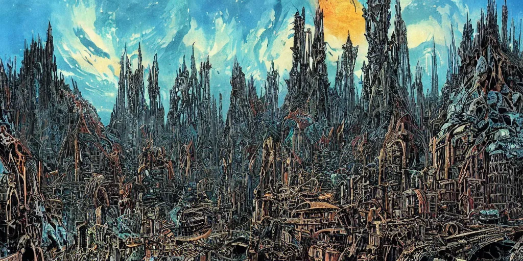 Image similar to post apocalyptic scifi landscape with city ruins, bustling with orcs and elven mystics, by philippe druillet, psychedelic colors