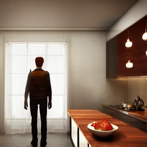 Image similar to man standing in kitchen late at night drinking red wine, realistic artstyle, wide shot, dramatic lighting, octane render, hyperrealistic, high quality, highly detailed, hd, beautiful, cinematic, 8 k, unreal engine, facial accuracy, symmetrical