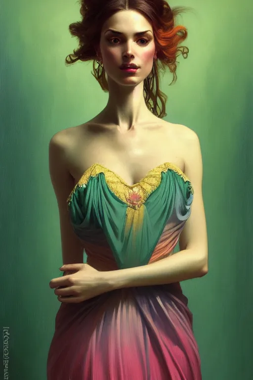 Prompt: highly detailed oil painting, ombre velvet gown, beautiful bohemian girl, tall and thin, beautiful face by leyendecker, feathers, long hair, muted green, cyan, soft pink - orange, nostalgia for a fairytale, by greg rutkowski, brom, anato finnstark, alphonse mucha, cinematic lighting