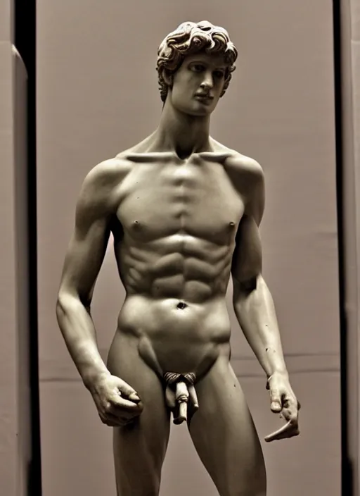 Image similar to an android with an adult male human looking face is the statue david by michelangelo, polaroid, flash photography, photo taken in a back storage room where you can see empty shelves in the background,