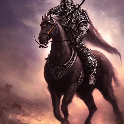 Image similar to Horse, Anthropomorphized, as warlord general on skull throne, magic the gathering artwork, D&D, fantasy, cinematic lighting, centered, symmetrical, highly detailed, digital painting, artstation, concept art, smooth, sharp focus, illustration, volumetric lighting, epic Composition, 8k, art by Akihiko Yoshida and Greg Rutkowski and Craig Mullins, heroic pose, oil painting, cgsociety, Battlefield background, explosions, arrows