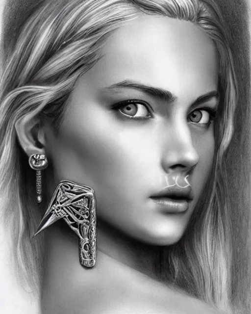 Image similar to pencil drawing of a beautiful greek goddess aphrodite with arrowhead earrings, beautiful piercing eyes, beautiful blonde hair, hyper realistic face, in the style of greg rutkowski, fantasy, amazing detail, epic, elegant, smooth, sharp focus, from the front