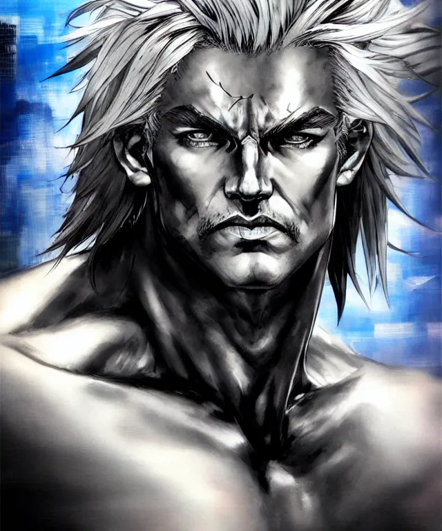 Image similar to ship captain man with sharp features, stunning eyes, and long silver hair that spikes upward in two large prongs, lean muscular build, collaborative artwork by greg ruthowski, yoshikata amano, yoji shinkawa!!, artstation, highly detailed, clear face