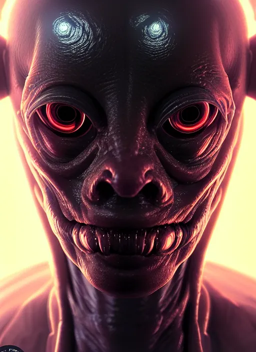 Image similar to portrait of a space alien, varying detailed skin, octane render, piercing glowing eyes, realistic render, detailed, ugly, slimy unreal engine, symmetrical!!, greg rutkowski and ruan jia, cinematic