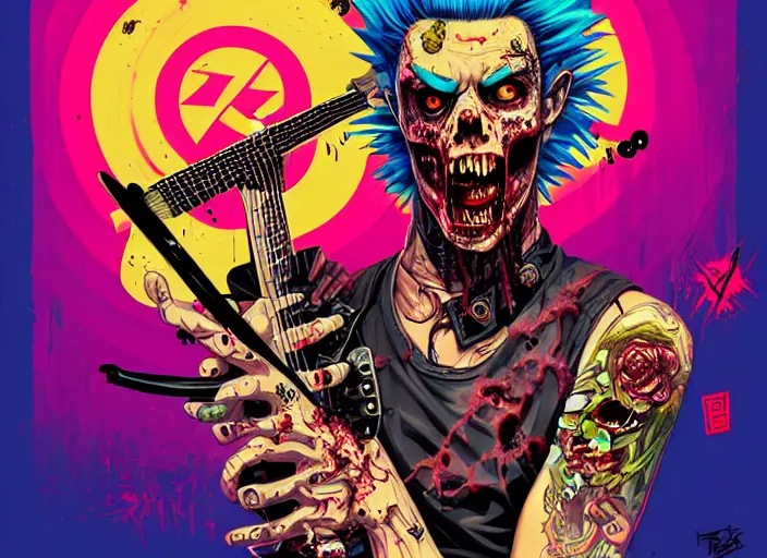 Image similar to a zombie punk rocker with a mohawk playing electric guitar, tristan eaton, victo ngai, artgerm, rhads, ross draws, rule of thirds by francis tneh