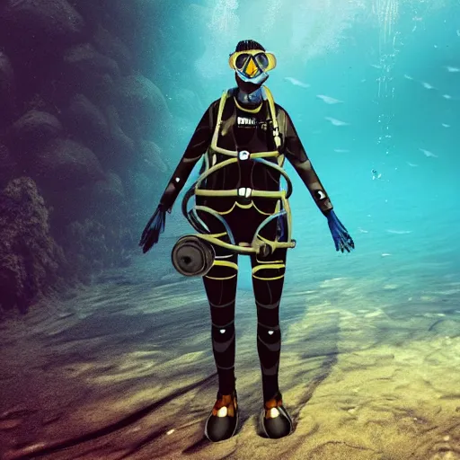 Image similar to full body portrait of an underwater diver by Sandra Chevrier in unreal engine
