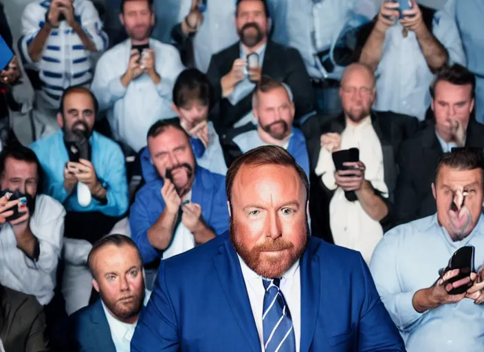 Image similar to dslr photo still of infowars host alex jones in a blue suit fat beard and mustache sitting depressed in a room filled to the ceiling with cell phones stacks of cell phones cell phones everywhere cell phones filling the entire room, 5 2 mm f 5. 6