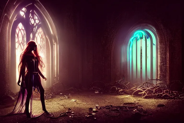 Image similar to an ultra realistic, cinematic, fantasy, portrait, of an elden ring elf, fairy lights, facial features, stood outside an abandoned church, with futuristic buildings and neon signs, detailed, deep focus, movie still, dramatic lighting, ray tracing, by michal karcz and zack snyder