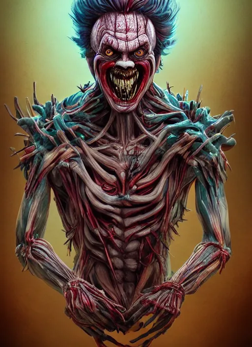 Image similar to evil horror clown, monster anatomy, ross tran, vivid colors, anatomical, highly detailed sculpture, intricate detailed, ommatidia, 8 k, cinematic atmosphere, post - processing