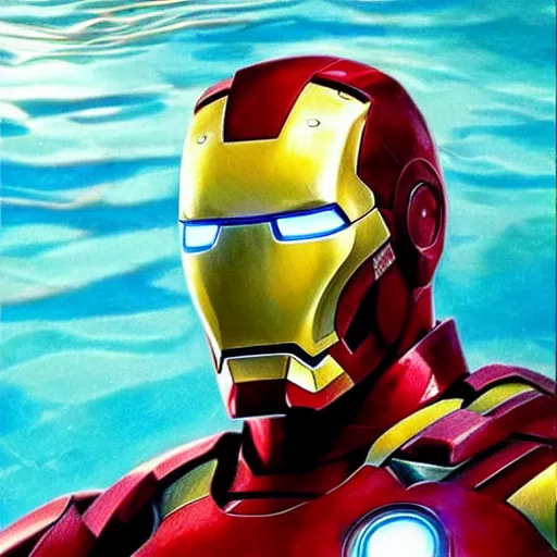 Image similar to photorealistic shockingly amazing portrait of Iron man submerged in water extremely detailed, made by wlop and maxwell boas