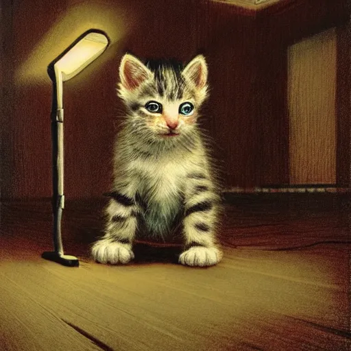 Image similar to a tiny helpless kitten with wet sad eyes, in the middle of an empty room, spotlit, by al feldstein