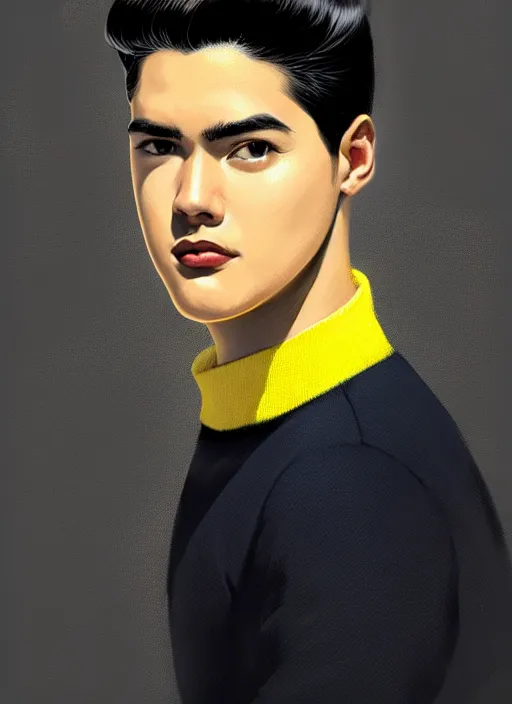 Image similar to portrait of young reggie mantle, mean smirk, egotistical, slicked back hair, striped yellow and black sweater, 1 9 5 0 s, intricate, elegant, glowing lights, highly detailed, digital painting, artstation, concept art, smooth, sharp focus, illustration, art by wlop, mars ravelo and greg rutkowski