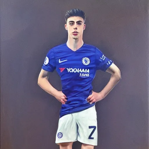 Image similar to attractive kai havertz wearing blue chelsea shirt by ruan jia, portrait