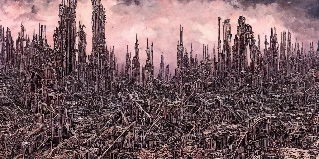 Image similar to post apocalyptic scifi landscape with city ruins by philippe druillet