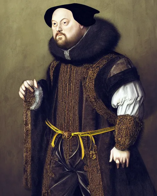 Image similar to fat gray cat with yellow eyes dressed like henry viii, tudor period menswear, colorful, hans holbein the younger, greg rutkowski, royal portrait, painting