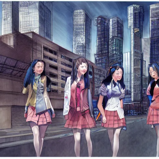 Image similar to a perfect, realistic professional digital sketch of a Japanese schoolgirls posing in a sci-fi cityscape, style of Marvel, full length, by pen and watercolor, by a professional American senior artist on ArtStation, a high-quality hollywood-style sketch, on high-quality paper