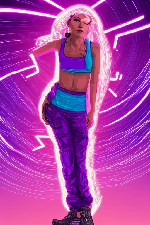 Prompt: a award winning half body portrait of a beautiful woman in a croptop and cargo pants with ombre purple pink teal hairstyle and hands in pockets by ari liloan, surrounded by whirling illuminated lines, outrun, vaporware, digital art, trending on artstation, highly detailed, fine detail, intricate
