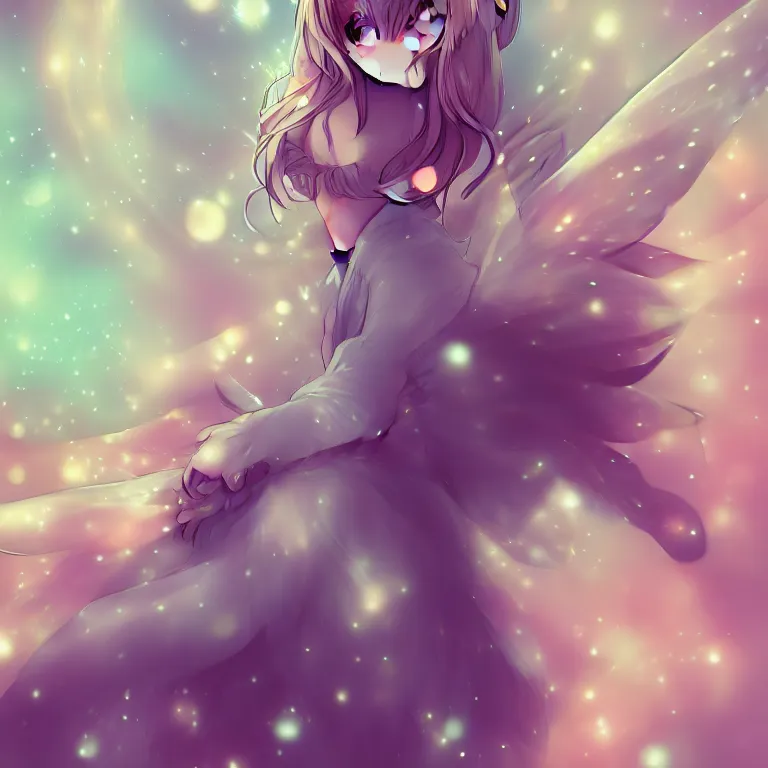 Image similar to cute, full body, female, anime style, a cat girl with fairy wings, large eyes, beautiful lighting, sharp focus, simple background, creative, heart effects, filters applied, illustration