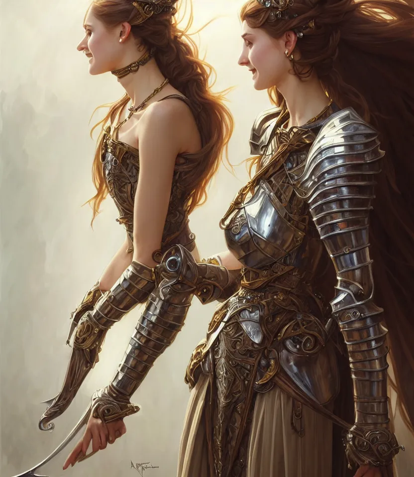 Prompt: portrait of a gorgeous female knight, looking at camera, D&D, choker on neck, stylish dress, very long flowing hair, intricate, elegant, stylish, cute smile, fantasy, extremely detailed, digital painting, artstation, concept art, smooth, sharp focus, illustration, ambient lighting, art by artgerm and greg rutkowski and alphonse mucha and simon stalenhag