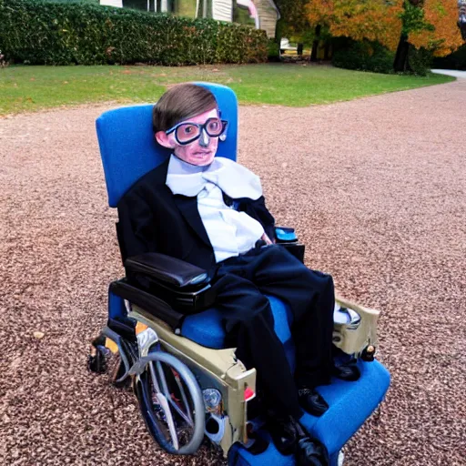 Image similar to a kid dressed up as Stephen Hawking for Halloween, trick or treating, photography,