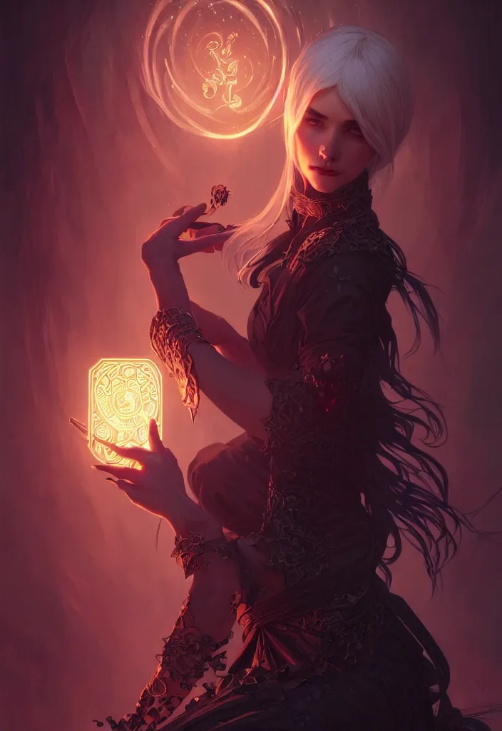 Image similar to Necromancer Sorceress, fantasy magic, undercut hairstyle, dark light night, intricate, elegant, sharp focus, illustration, highly detailed, digital painting, concept art, matte, art by WLOP and Artgerm and Greg Rutkowski and Alphonse Mucha, masterpiece