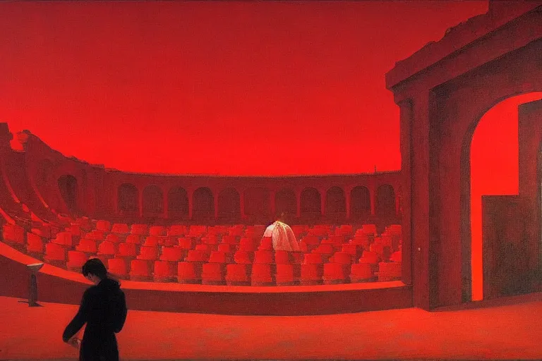 Image similar to only with red, a red great emperor, taormina amphitheatre, expressive crowd hails him, in the style of beksinski, parts by edward hopper, parts by rodcenko, parts by yue minjun, intricate and epic composition, red by caravaggio, insanely quality, highly detailed, masterpiece, red light, artstation, 4 k