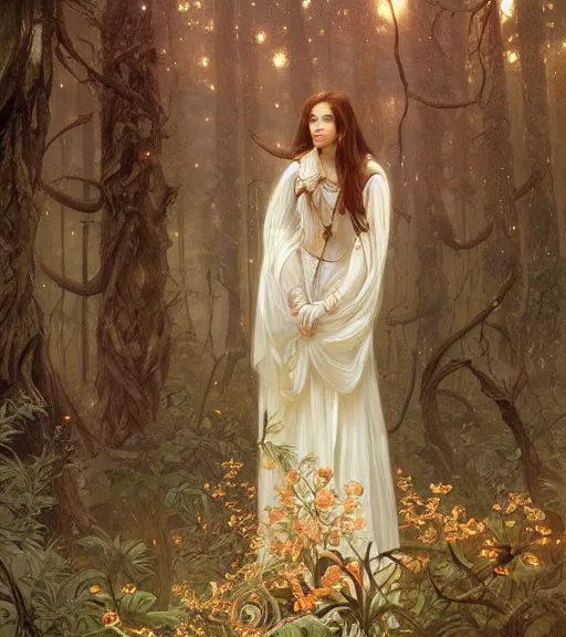 Image similar to beautiful cottagecore woman with brown hair, intricate, magical forest, stunning, highly detailed, digital painting, artstation, concept art, smooth, sharp, focus, illustration, art by artgerm and greg rutkowski and alphonse mucha