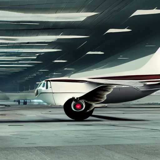 Prompt: car with wings arriving at the airport photorealistic image