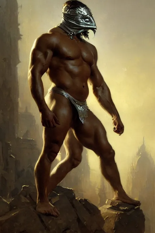 Prompt: A man wearing silver mask, muscular, painting by greg rutkowski and Gaston Bussiere