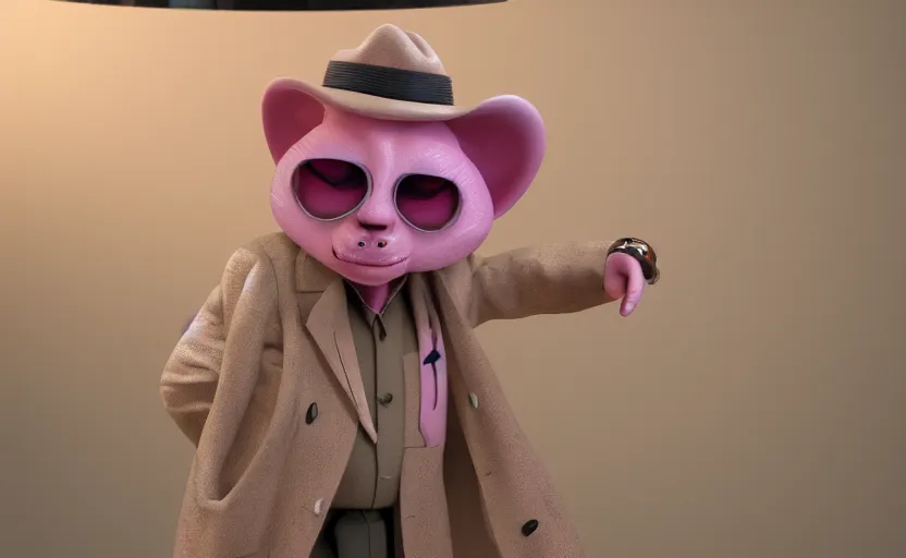 Image similar to a slimy pink ocelot that looks like an investigator, wearing a long beige trench coat, in the style of Pixar, CGI, octane render, trending on artstation, 8K