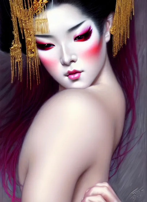 Prompt: glamorous and sexy Geisha portrait, beautiful pale makeup, pearlescent skin, seductive elegant pose, very detailed face, highly detailed kimono, photorealism, portrait by Magali Villeneuve and Steve Argyle,Livia Prima,Mucha,dress,fantasy art,beautiful,artstation,trending on artstation,intricate details,alluring,masterpiece