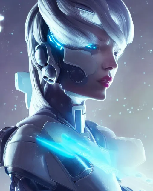 Image similar to perfect android girl on a mothership, warframe armor, beautiful face, scifi, futuristic, galaxy, nebula, raytracing, dreamy, long white hair, blue cyborg eyes, sharp focus, cinematic lighting, highly detailed, artstation, divine, by gauthier leblanc, kazuya takahashi, huifeng huang