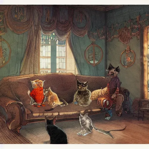 Image similar to a beautiful intricate watercolor illustration of a living room with playing cats, 4 k, ultra - wide angle, by william turner, by victo ngai, by moebius, by gustave dore, hd, trending on artstation, hyper detailed, muted intense colors