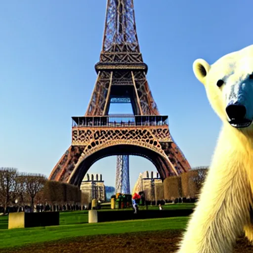 Prompt: A polar bear painting Easter Eggs in front of the Eiffel Tower
