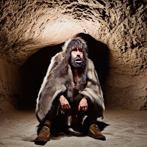 Image similar to Photo portrait Joe Rogan as a wax neanderthal cave man exaggerated brow wrapped in fur cloak screaming like a savage in the natural history museum in a replica of a cave environment dramatic lighting 85mm lens by Steve McCurry