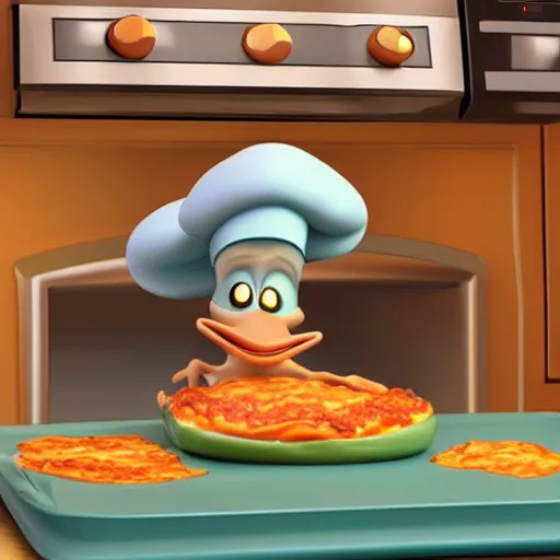 Prompt: pixar 3 d style cute platypus on a kitchen wearing a chef hat and holding a lasagna into an oven, with three basil leaves over the lasagna, pixar style, 3 d, ratatouille style