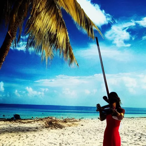 Prompt: violinist on the beach white sand blue sky tropical palm trees wallpaper 8 k instagram photography travel viral by annie leibovitz