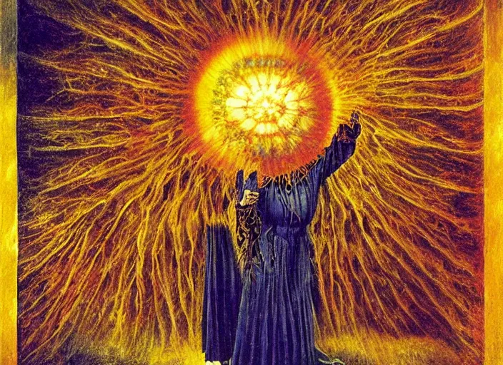 Image similar to a shaman woman holding up the cosmic!! universe!, by remedios varo, reflection, symbolist, psychedelic colors, dramatic lighting, smooth, sharp focus, extremely detailed, aesthetically pleasing composition