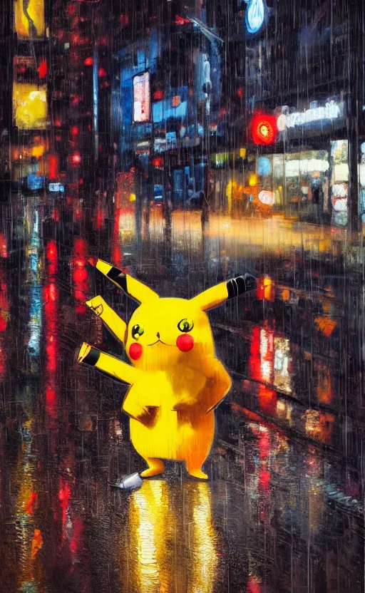 Prompt: a realistic oil painting of Chrome Pikachu smoking a cigarette in a rainy cyberpunk street, by Alex Ross, realistic, 8k, HD, neon, dramatic backlit, bokeh